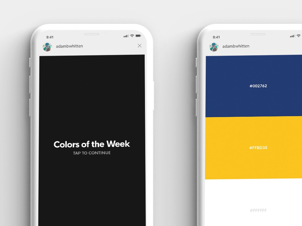 side by side iphones with instagram stories of colors of the week on the screens