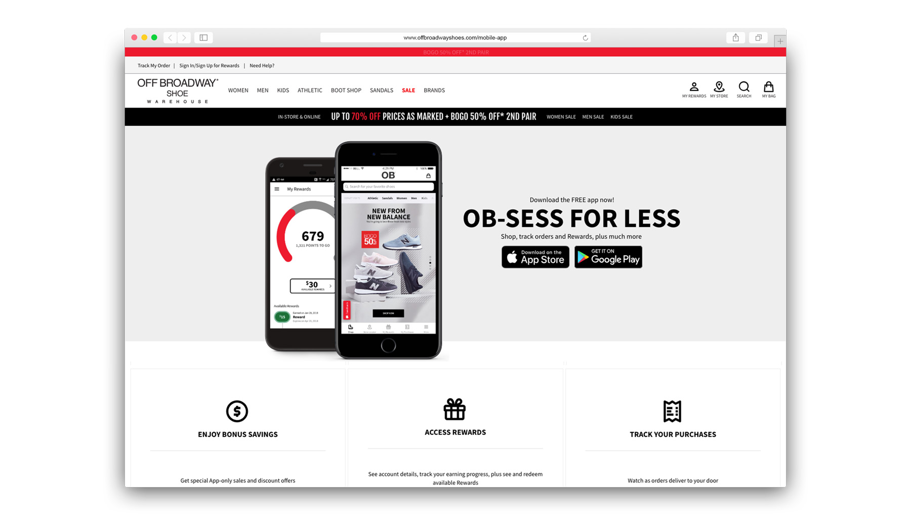 a screen shot of the off broadway shoe warehouse's mobile app landing page