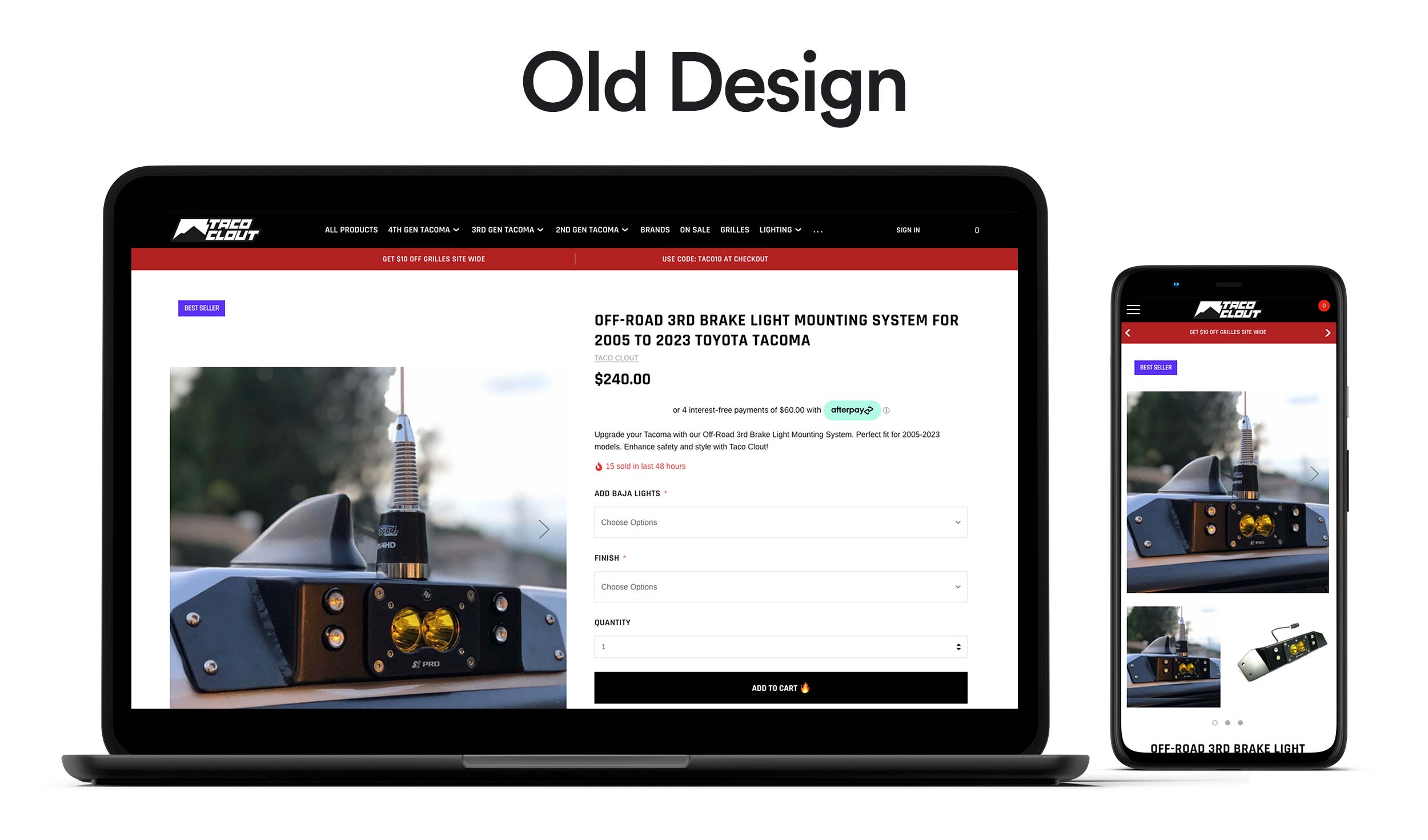 screen shots of the old brake light product page
