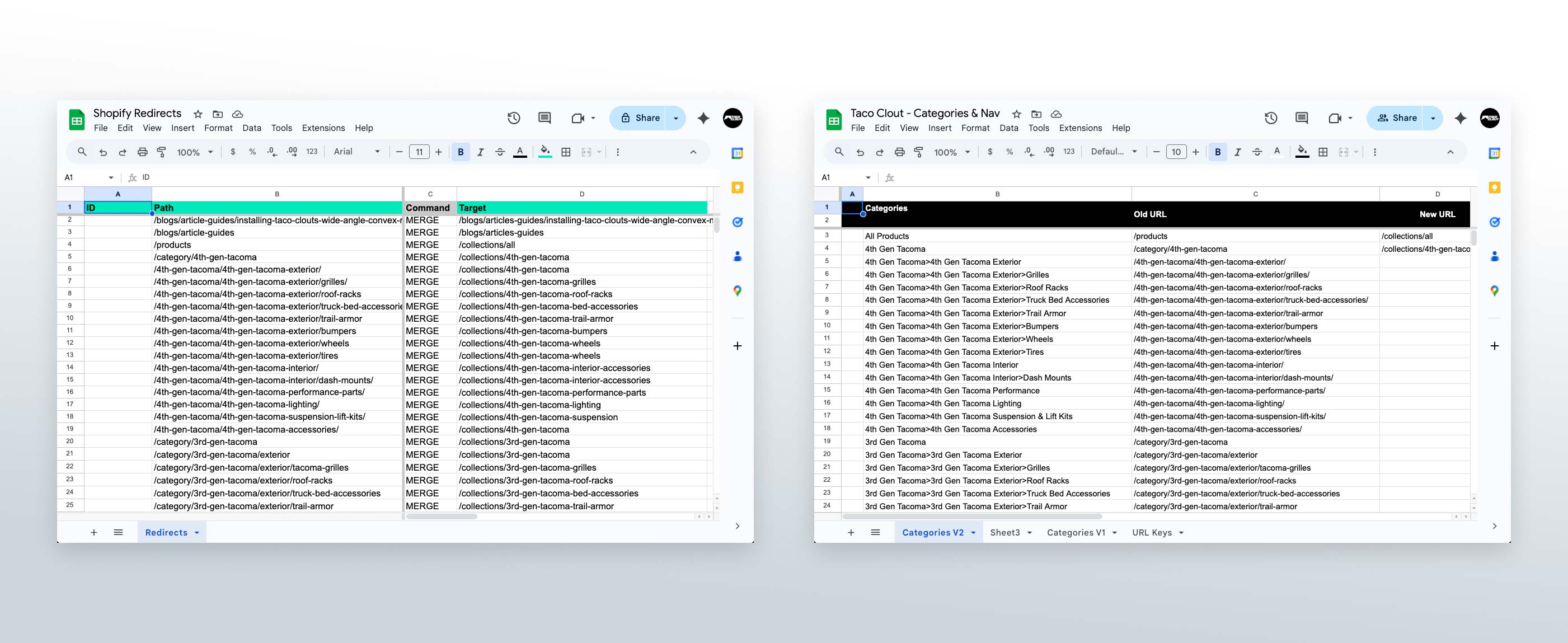 screen shots of multiple google sheets files showing the data that had to be brought over