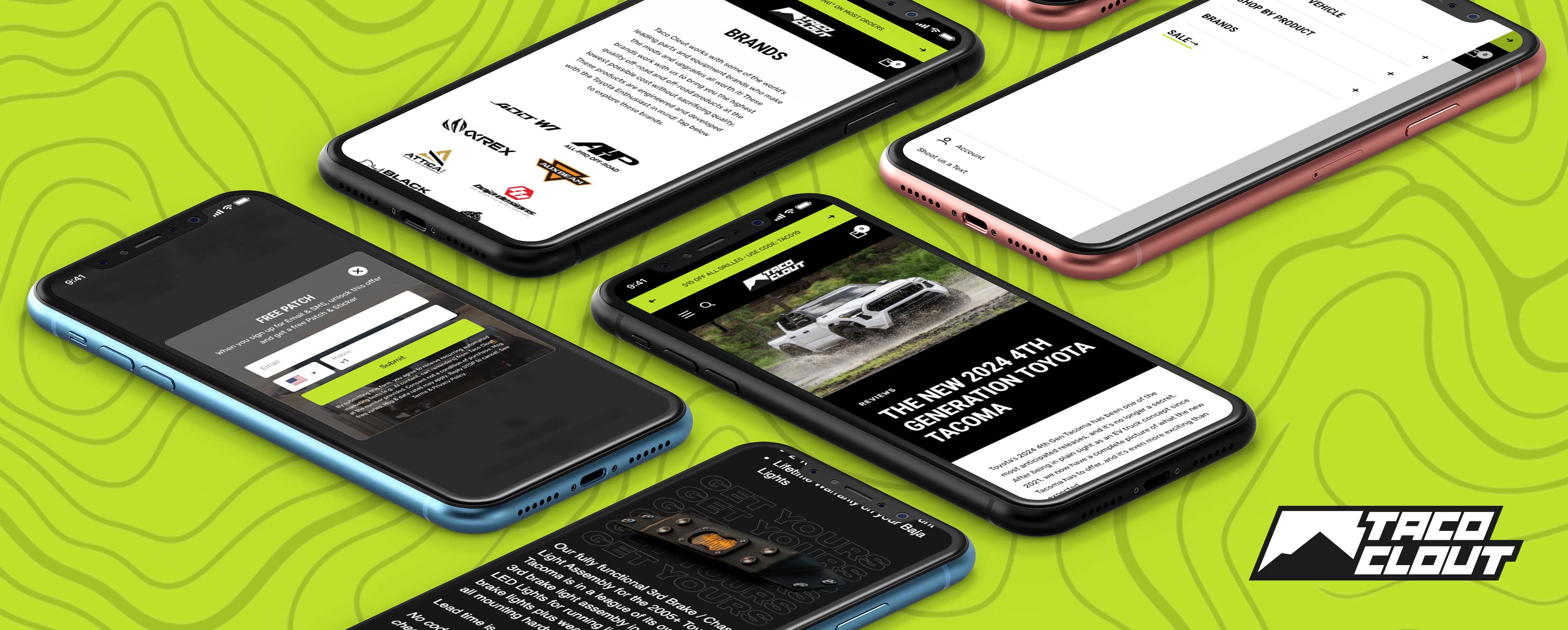 a collection of various pages on the new taco clout website on iphones in the brands color